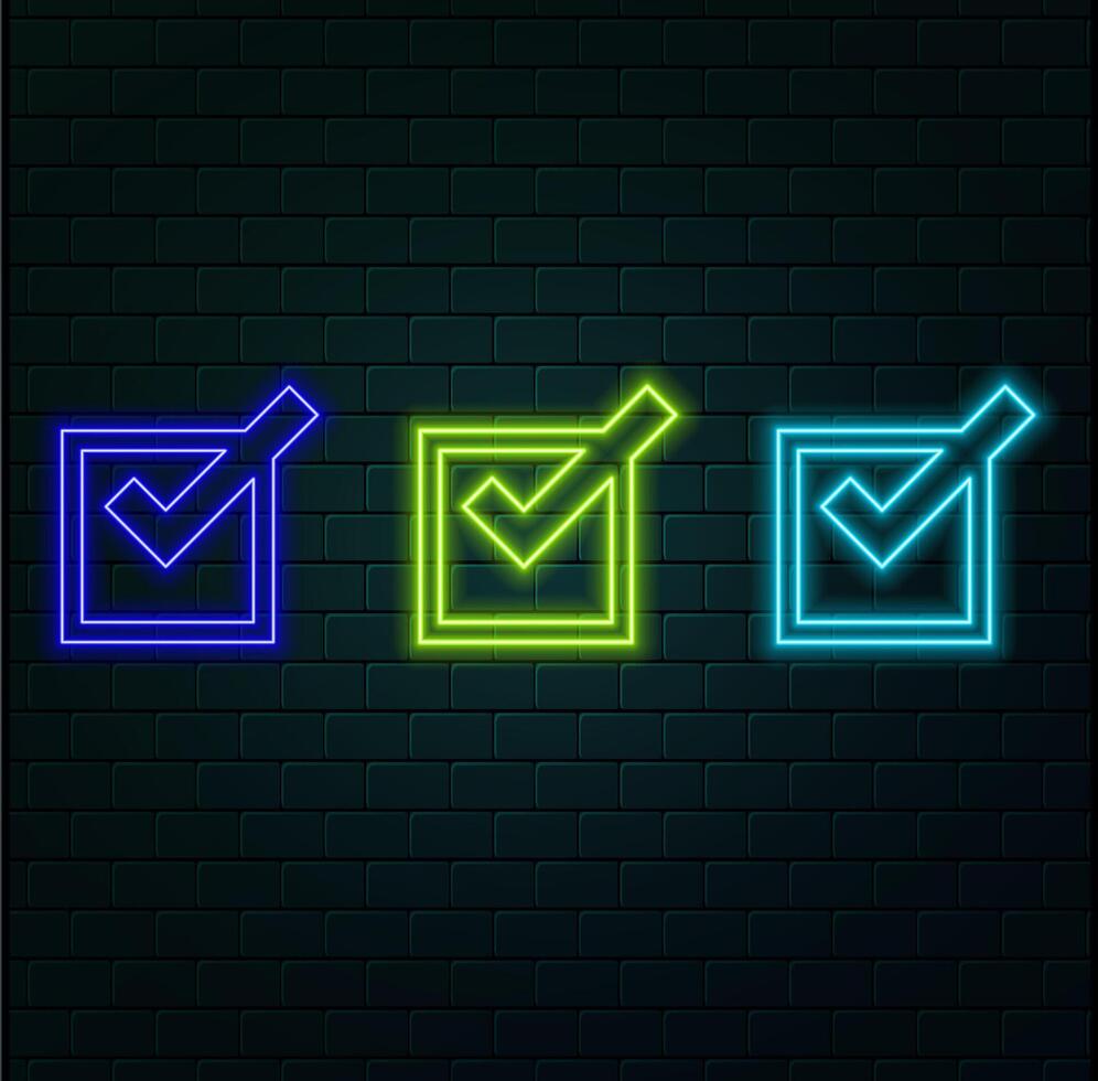 Outline neon check tick icon. Glowing neon checkmark sign, tick approve pictogram. Correct and true select, confirmation check mark, verification tick, right choice, checklist. icon set. style neon. vector