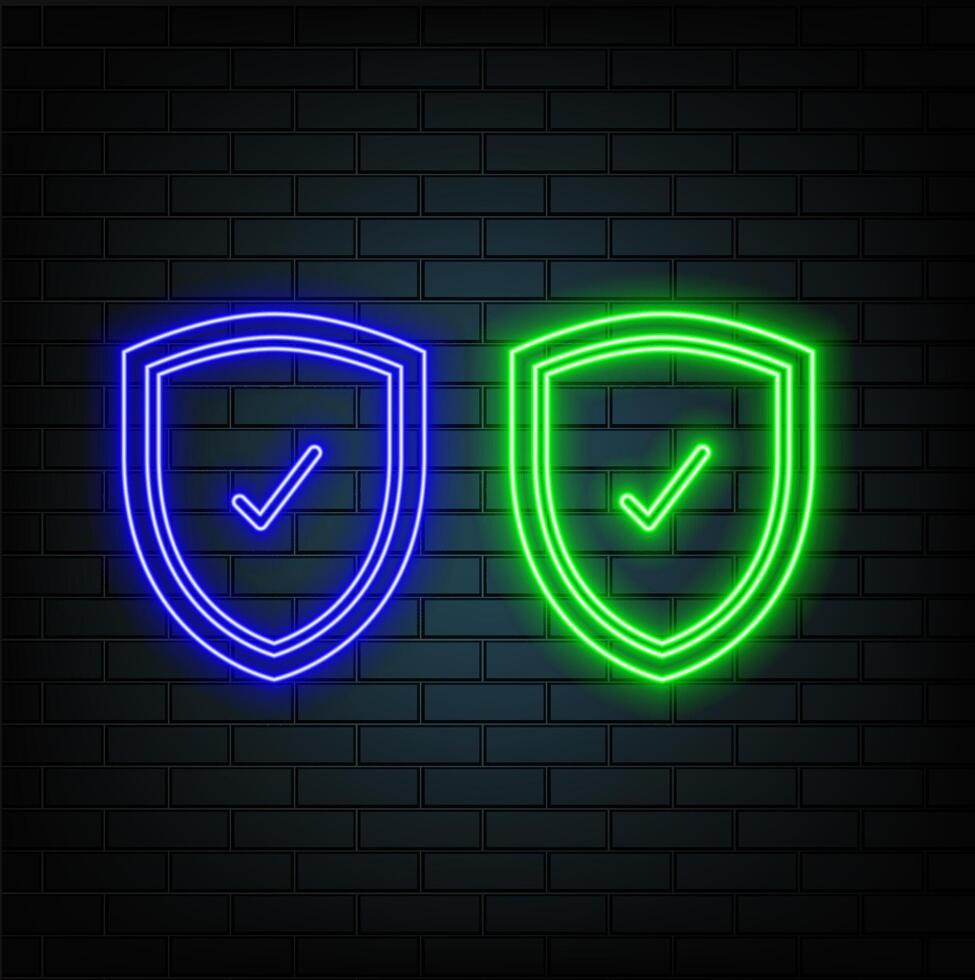 Check mark line icon. Neon laser lights. Accepted or Approve sign. Tick shield symbol. Glow laser speech bubble. Neon lights chat bubble. Banner badge with confirmed icon. vector