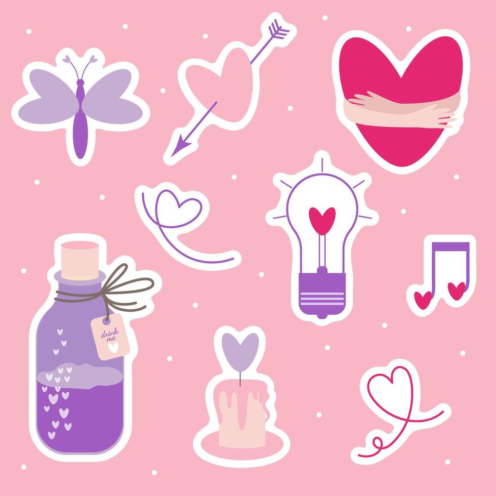 Flat set of Valentines day stickers with heart shape elements, glass bottle with love potion, butterfly, arrow, lamp, music note and heart embraced by hands vector