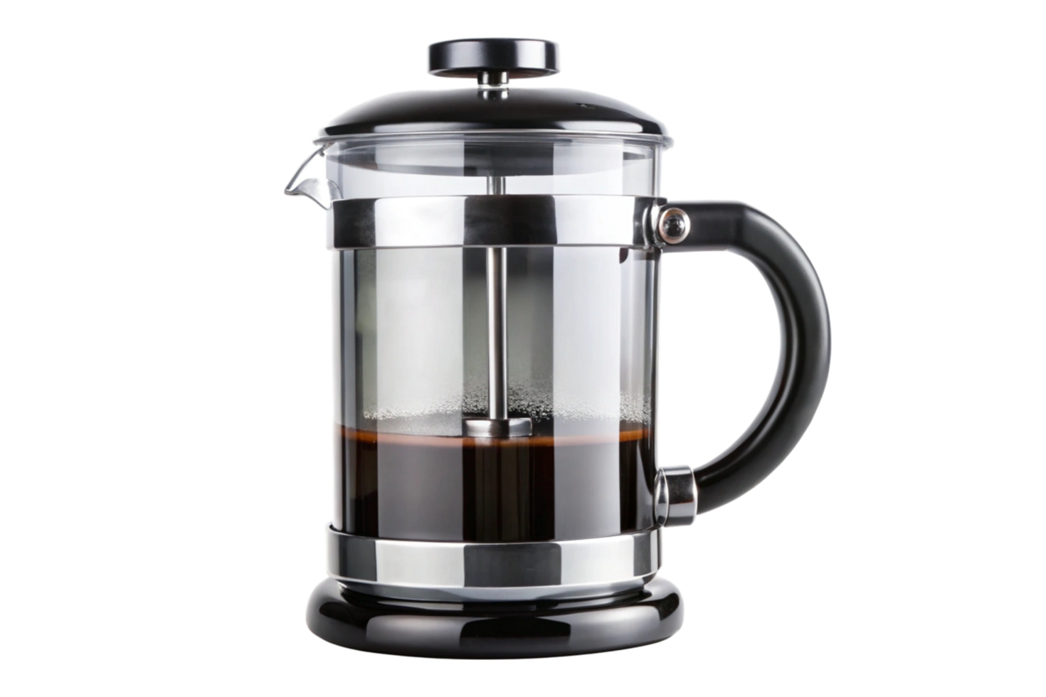 Elegant French press coffee maker with ergonomic handle and modern design, highlighting a fresh brew, perfect for coffee lovers png