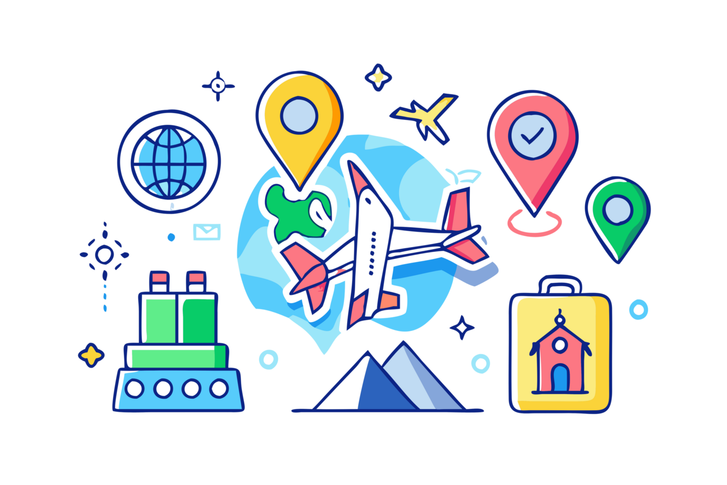 Exploring global travel adventures with airplanes maps and luggage icons in a colorful graphic design png