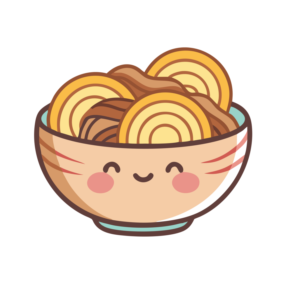 Kawaii udon bowl filled with delicious noodles and toppings cozy kitchen illustration whimsical cute food art png