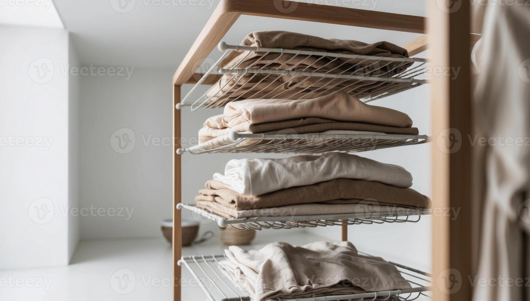 A clothes drying rack being used for air-drying instead of a dryer, reducing energy use in an eco-friendly home photo