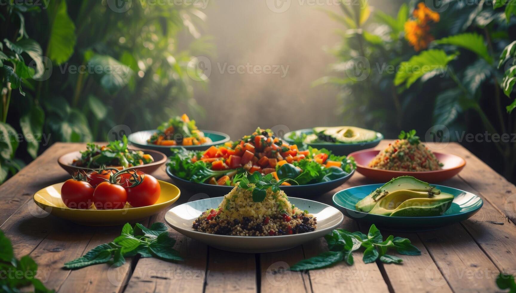 A rustic wooden table adorned with colorful vegan dishes, framed by lush greenery, celebrating the freshness and sustainability of plant-based diets. photo