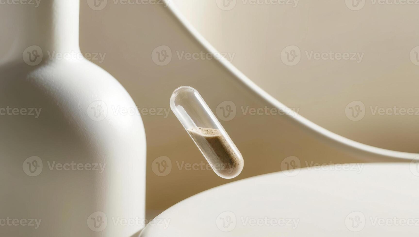Single transparent probiotics capsule, powder or granular contents inside, creamy white background photo