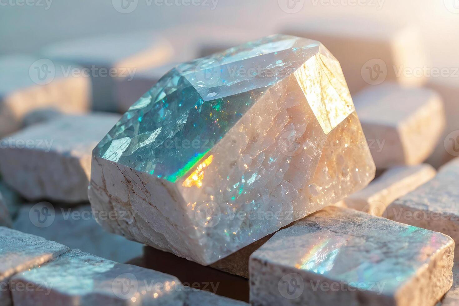 3D render holographic chrome Y2K element. Liquid metal, shiny large white crystal on a pile of white stones. The stone is a beautiful blue color and has a unique shape. photo