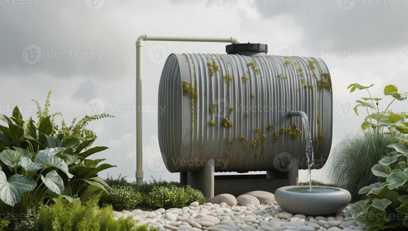 A large rustic metal tank serves as a rainwater collection system, designed to sustainably provide water for efficient garden irrigation. photo