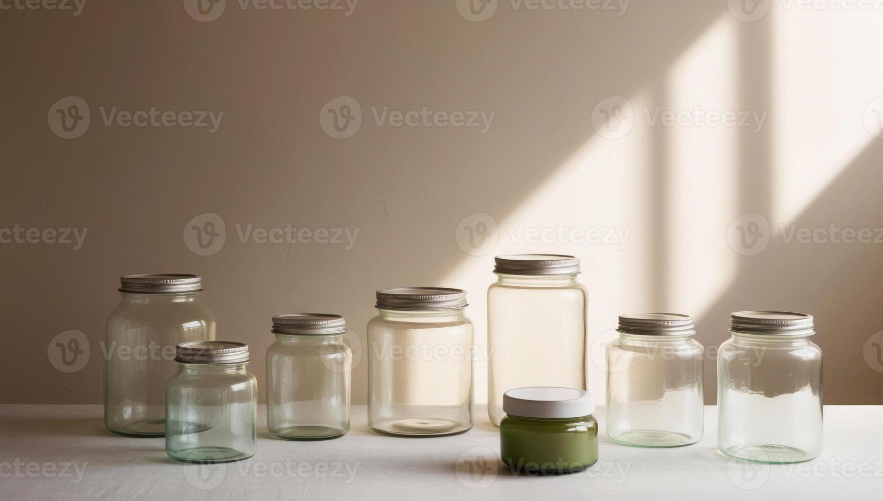Zero-waste storage solutions featuring glass jars and containers, perfect for reducing waste and sustainable organization photo