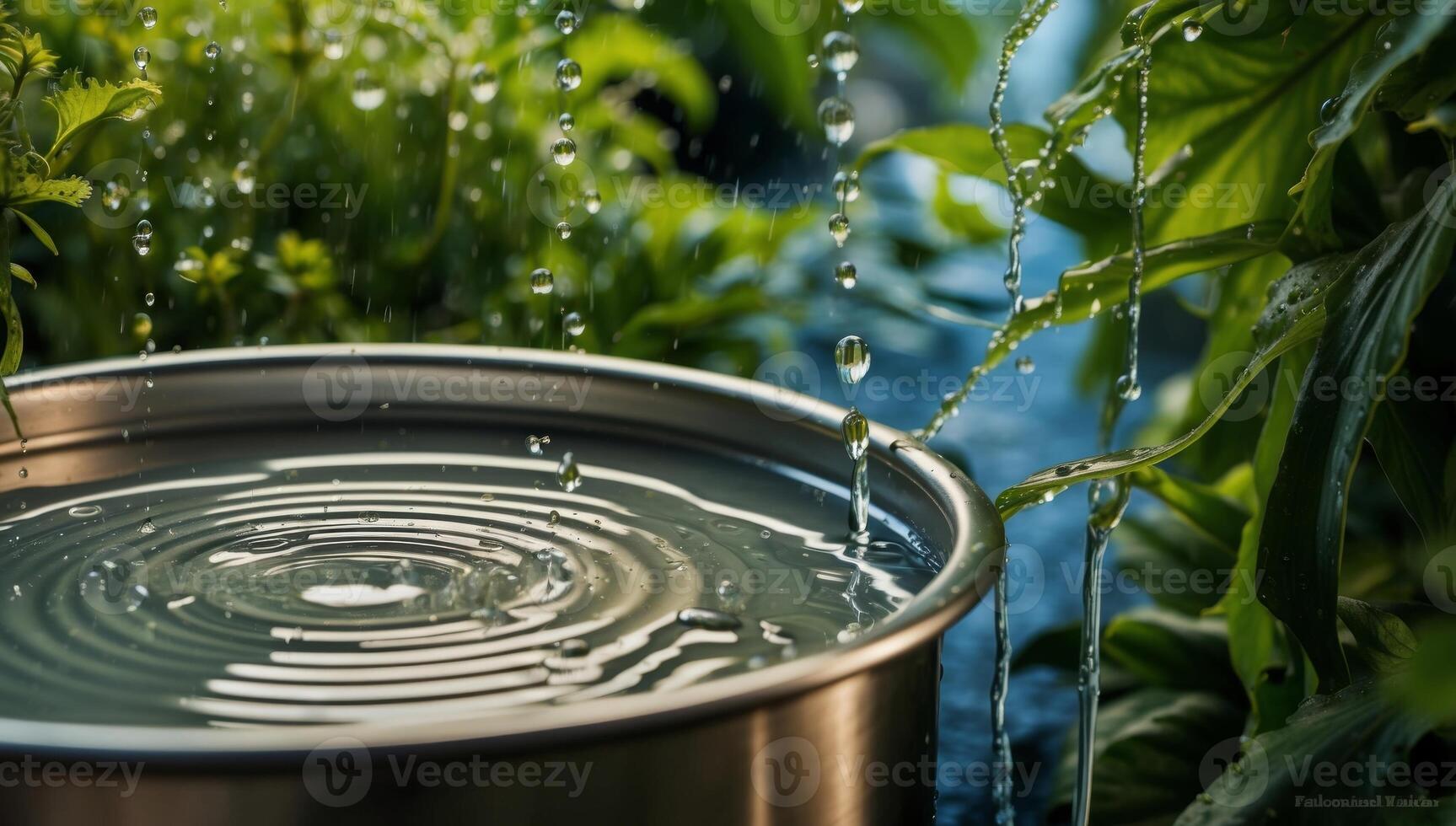 Water droplets glisten on the surface of a stainless steel container, capturing the process of collecting rainwater for sustainable garden irrigation. photo