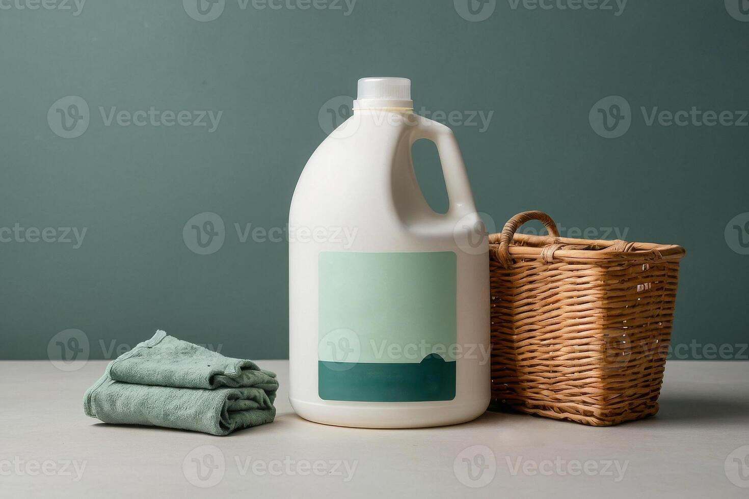 White laundry detergent bottle with a green label sits on a table next to a basket of towels, eco-friendly cleaning product, natural washing gel. photo