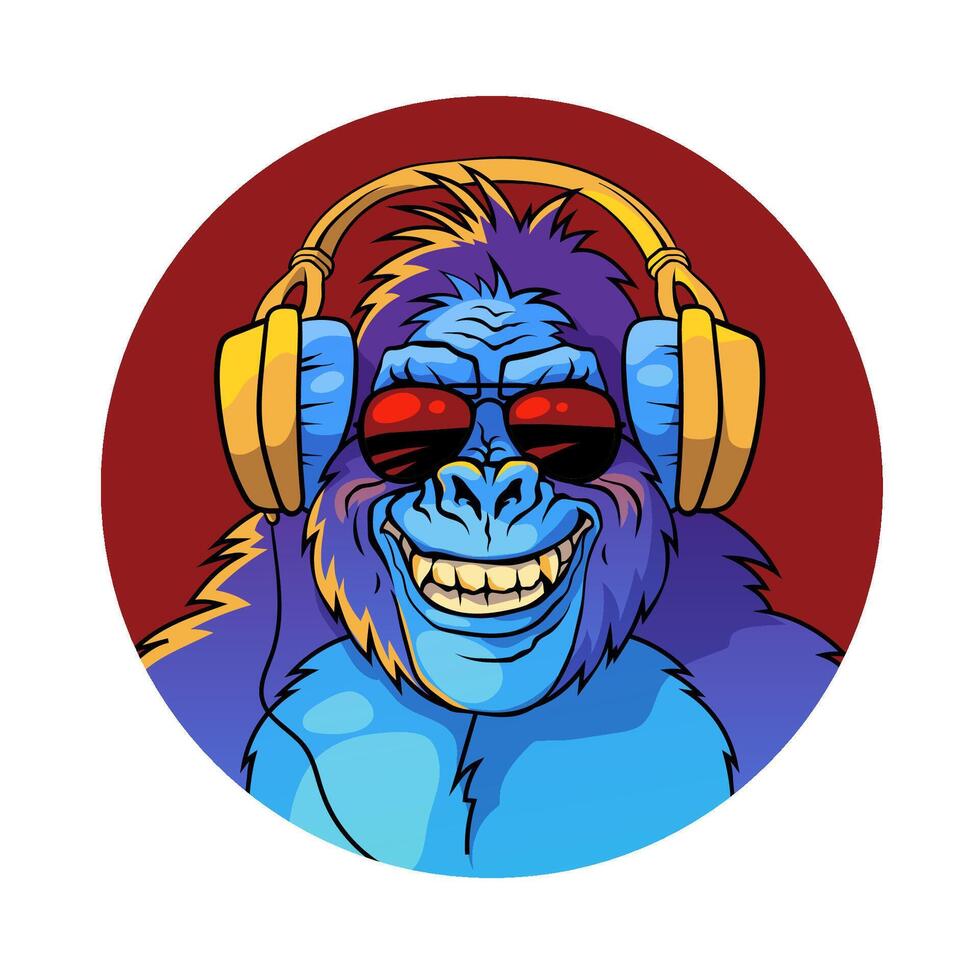 Smiling gorilla in headphones and sunglasses, illustration vector