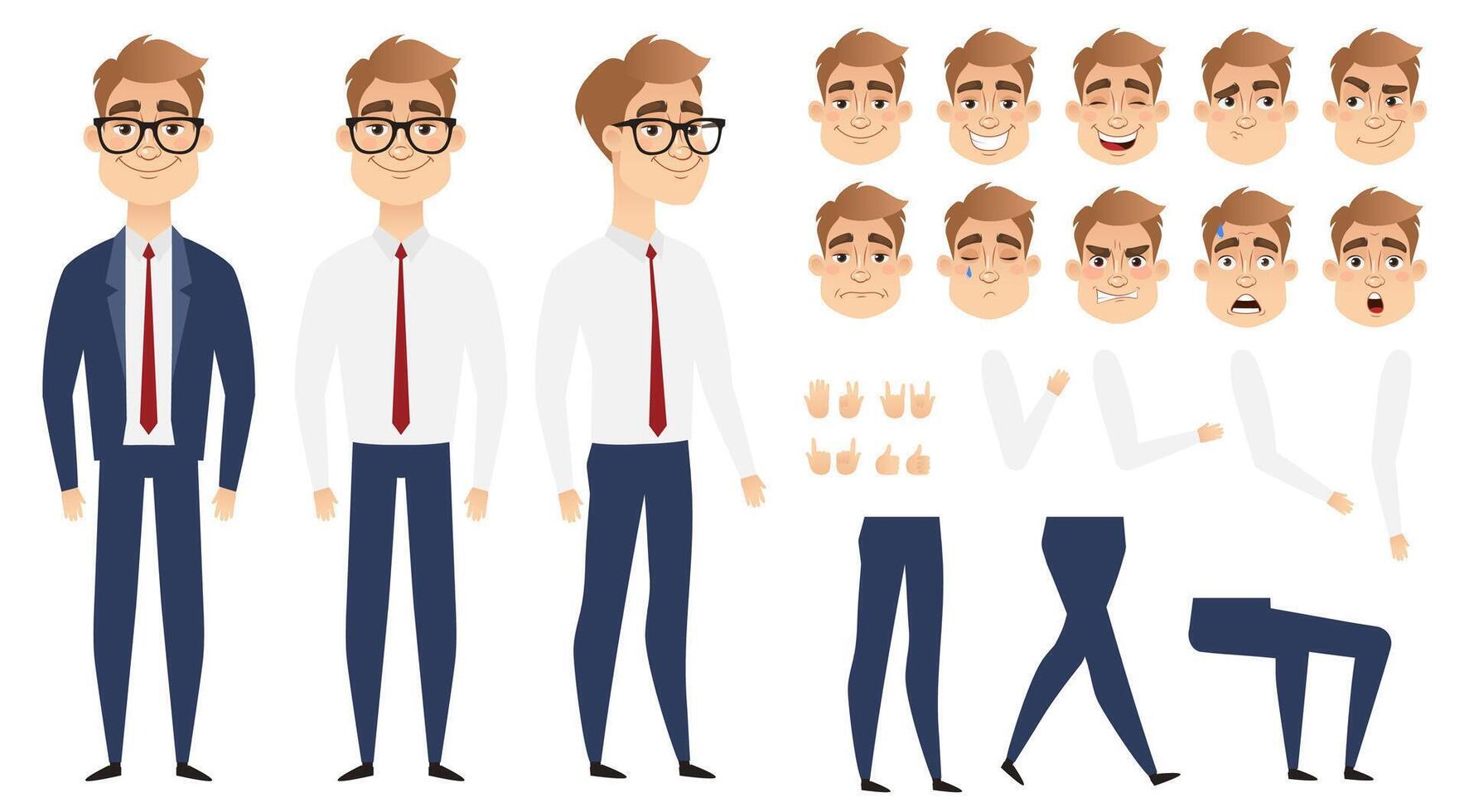 Businessman, cartoon character for animation. Set of face emotions, poses and gestures vector