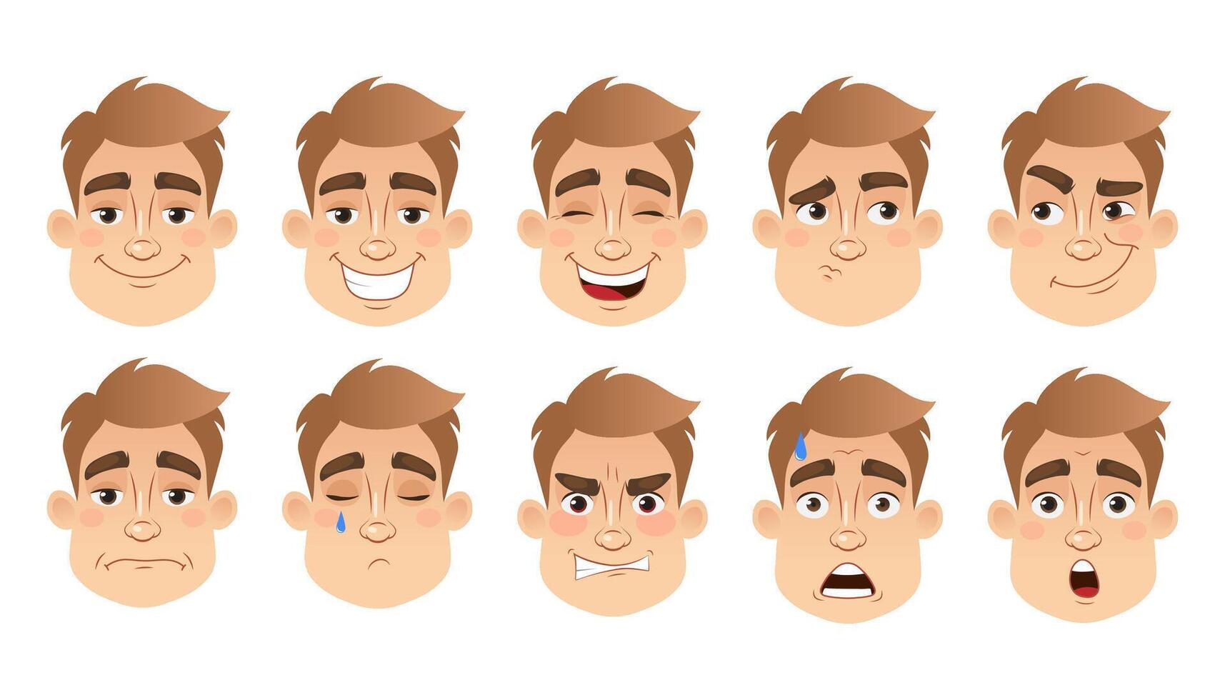 Set of male character facial expressions. Young man emoji with different expressions. illustration in cartoon style vector