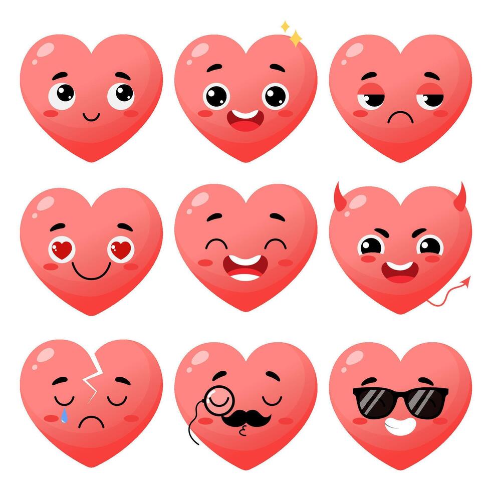 Cartoon red heart character with different facial expressions. Happy cute heart emoji set. illustration for Valentines Day vector