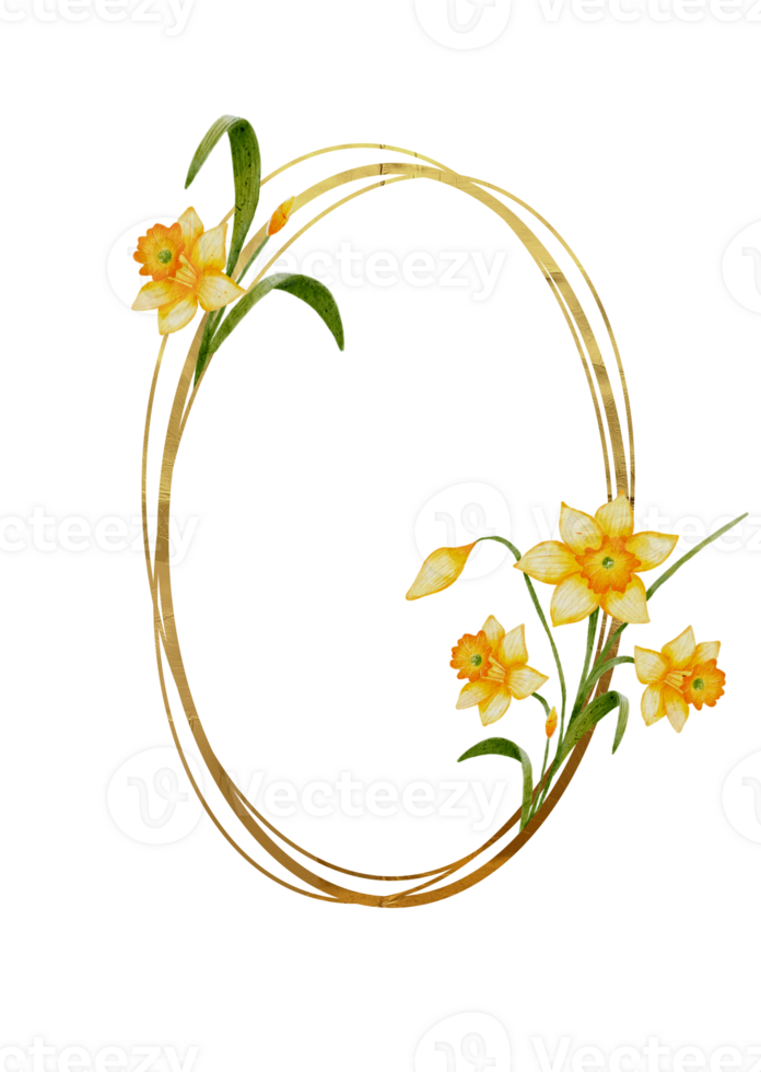 Golden Floral Border Frame with Yellow Daffodils, Spring Blossom Design for Wedding Invitation png