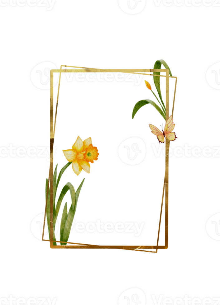Abstract Golden Floral Border with Spring Flowers, Daffodils and Leaves for Elegant Invitation png