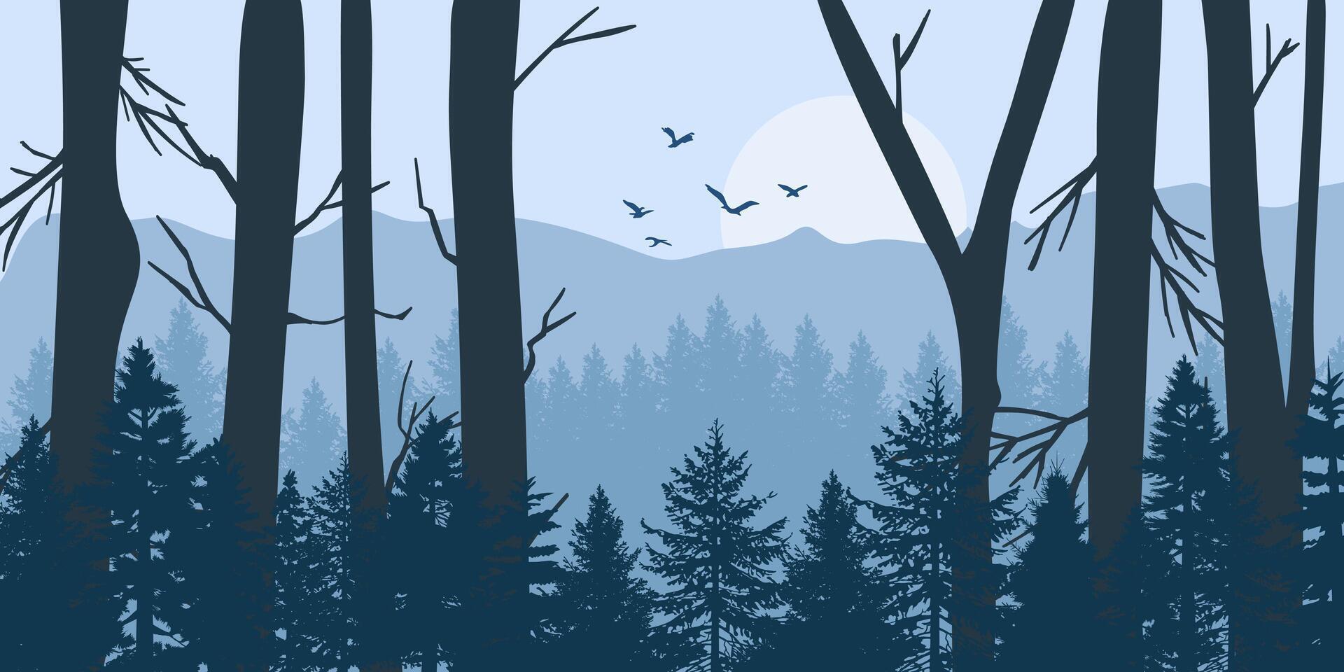Silhouette of a trees forest and mountain. natural isolated on blue color background. vector