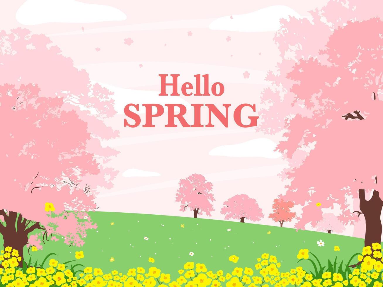 Hello Spring text and nature pink color tone for season concept. vector