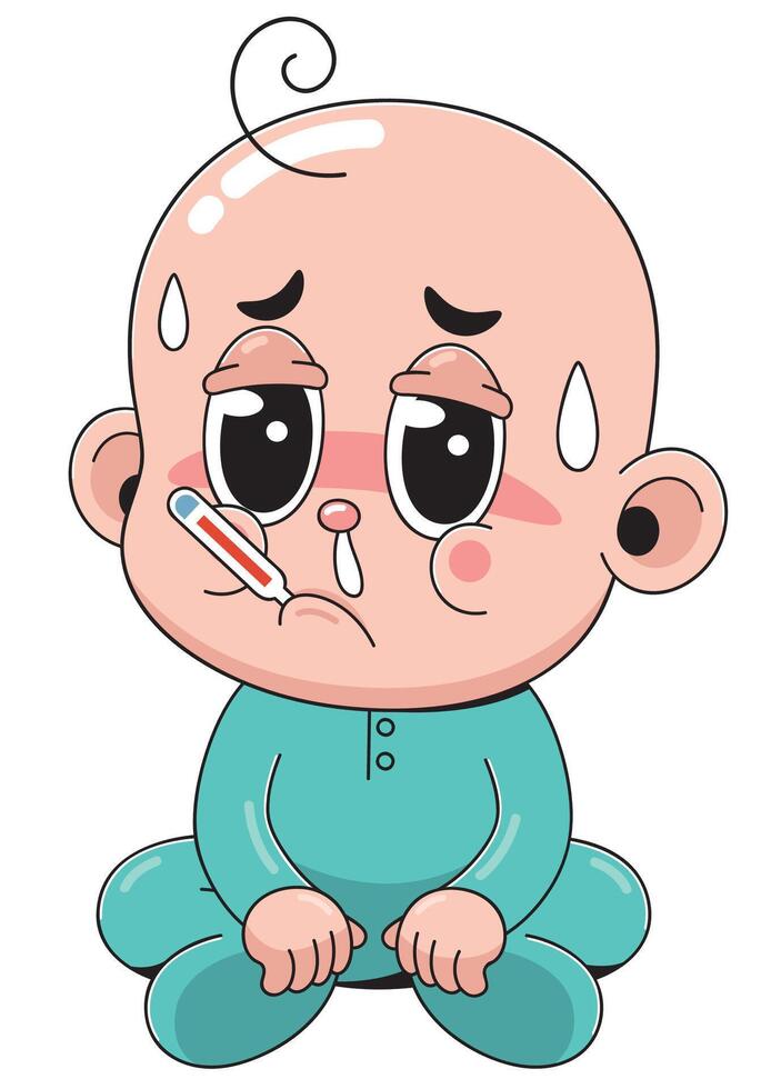 Cartoon sick baby with a thermometer in its mouth vector
