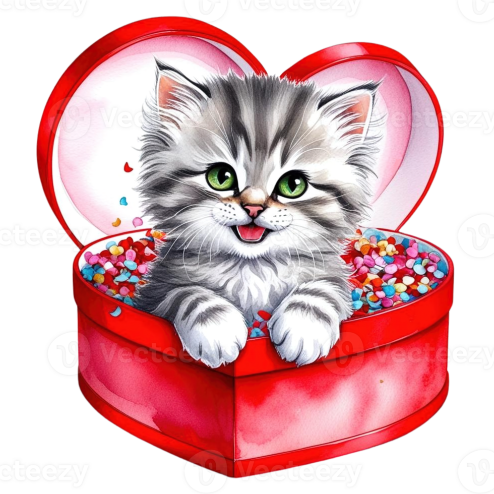 A Kitten Peeking Out From Inside A Red Heart-Shaped Box Filled With Confetti png