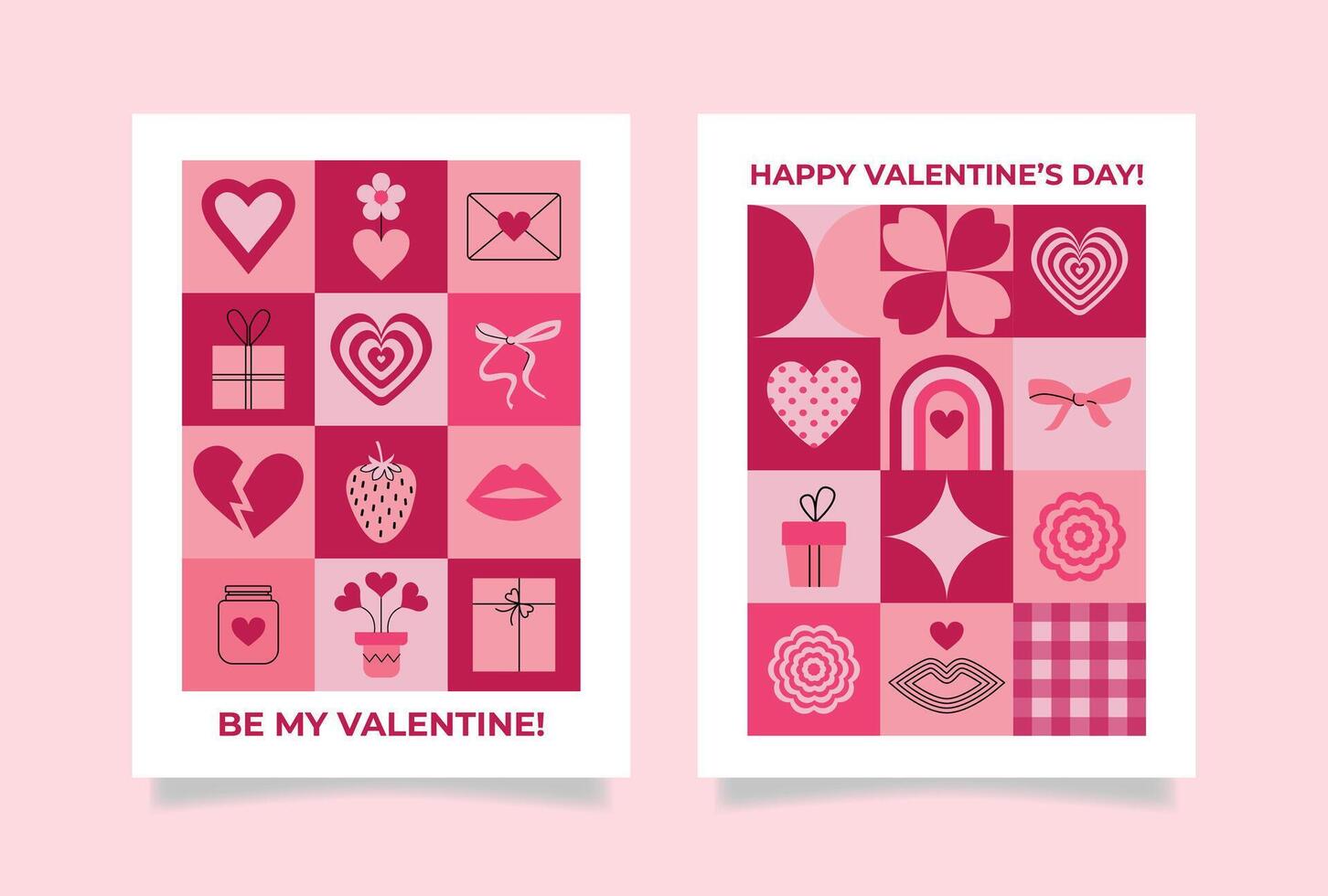Valentine's day pink geometric greeting cards with text. Abstract background, poster, flyer, cover, banner. Contemporary pattern with romantic symbols. Mosaic. Y2k. Hearts, bows, shapes. . vector