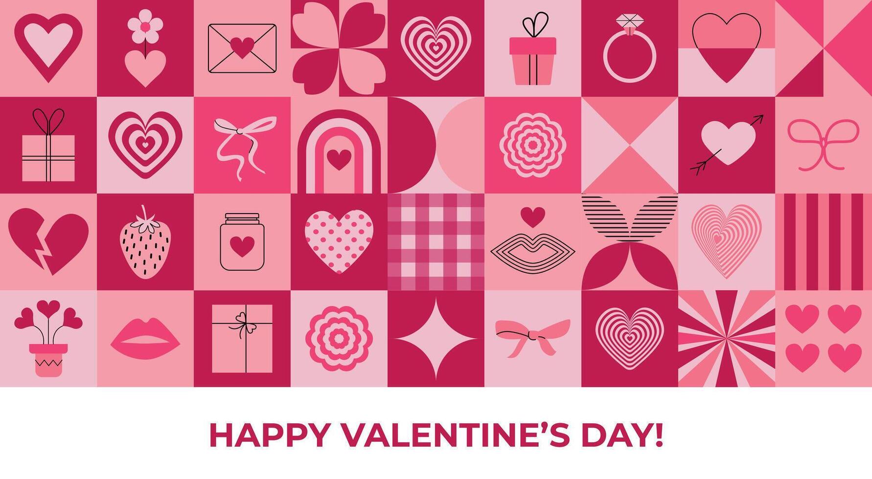 Valentine's day pink geometric banner. Abstract seamless pattern, background, poster, flyer, cover, greeting card. Contemporary design with romantic symbols. Mosaic. Y2k. Hearts, bows, shapes. . vector