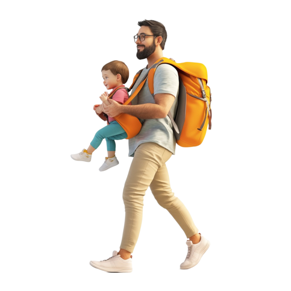 Man Walking with a Child in Backpack Carrier png