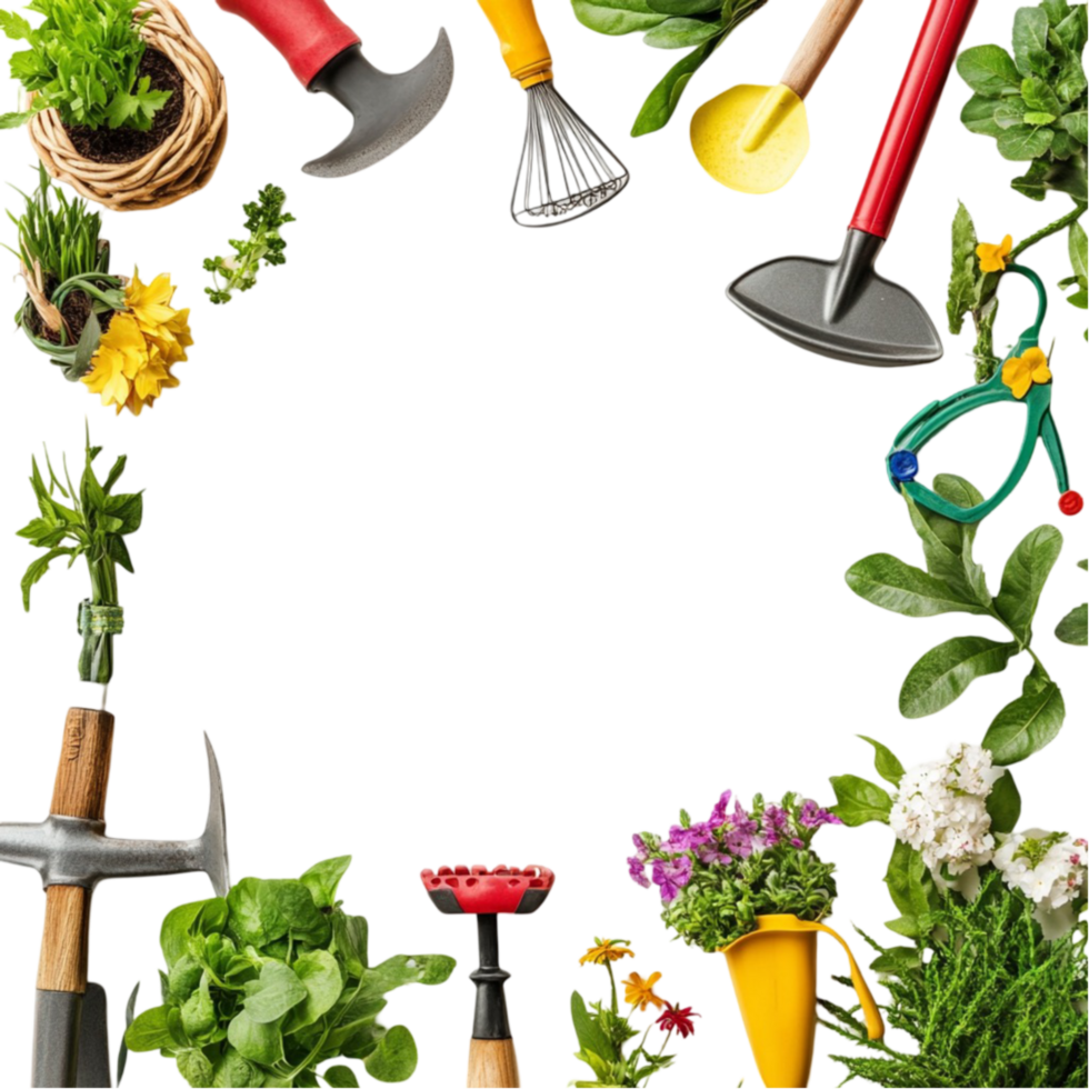 Gardening Tools and Plants Arranged in a Circle png