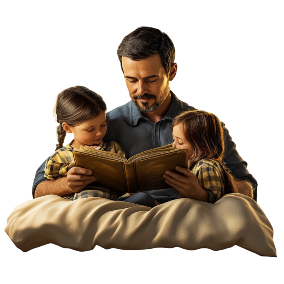 Father and Children Reading a Book on a Bed png