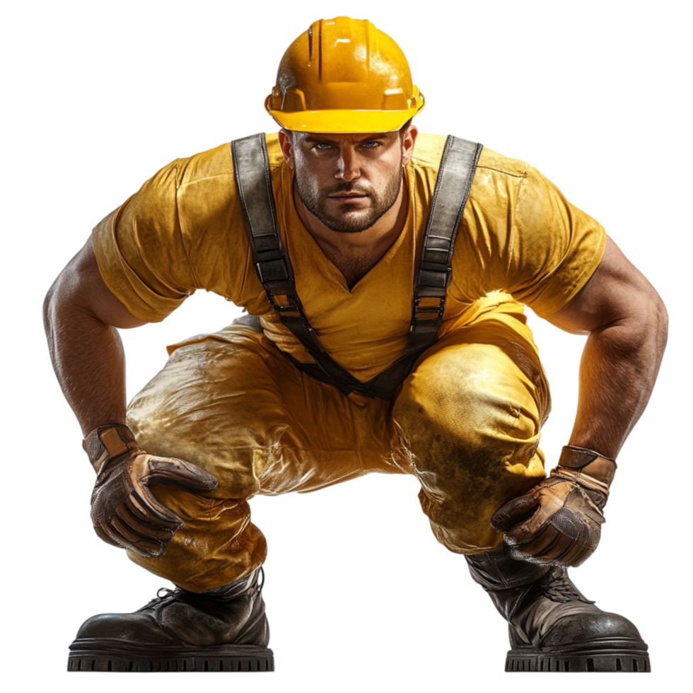 Man in Yellow Overalls Crouching Down png