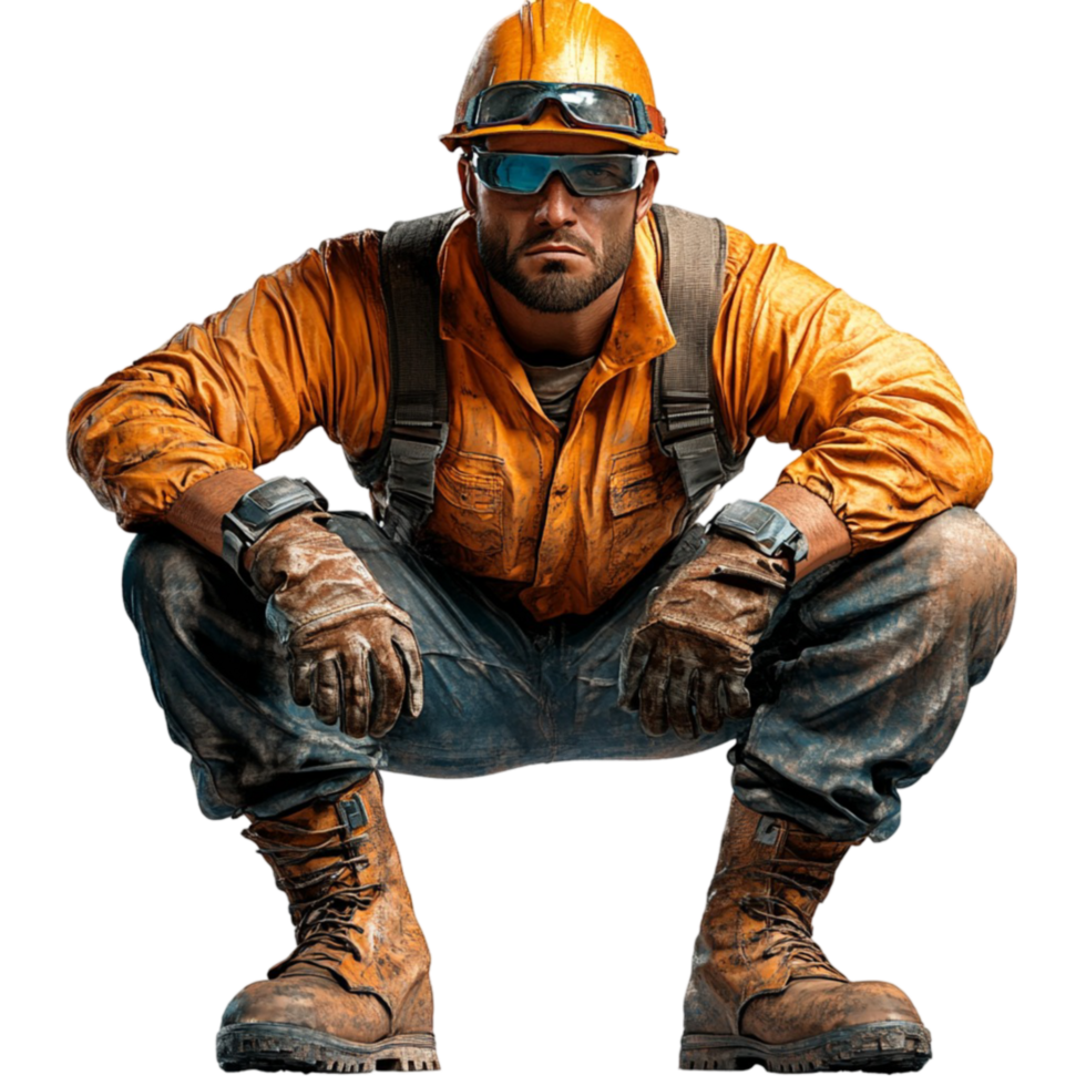 Crouching Man in Orange Hard Hat and Boots png