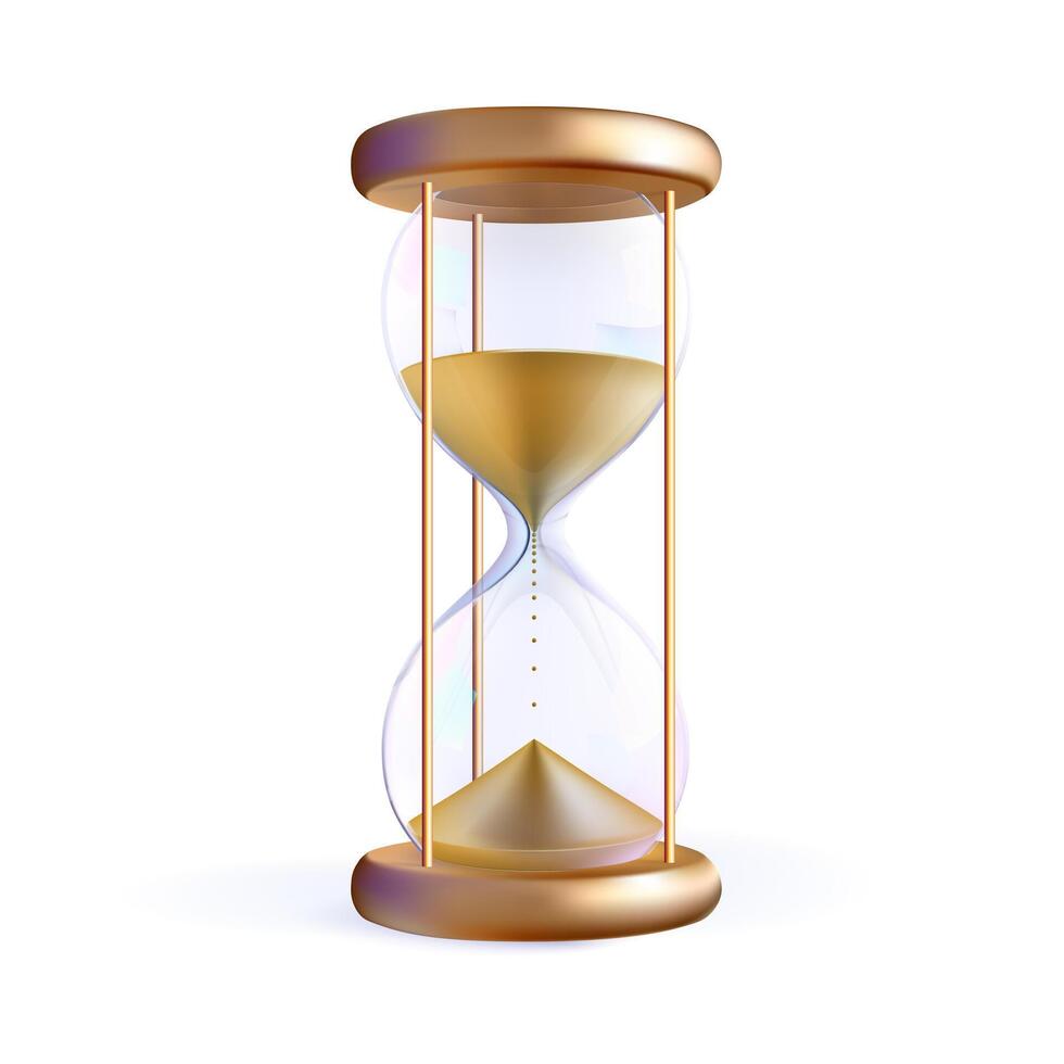 Gold sand running hourglass, glass clock for time countdown. 3d watch render, sandglass budget timer. Abstract realistic isolated game icon. Transparent vintage old golden stopwatch. Term flow vector