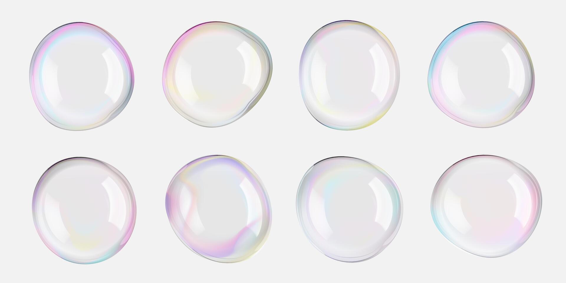 Transparent soap foam balls in air. 3D iridescent rainbow spheres vector