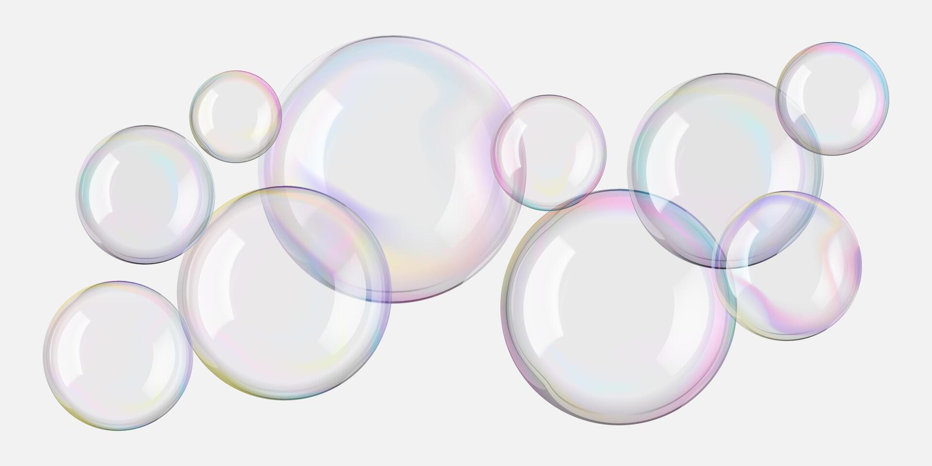 Water bubbles float in white clear background. Soap suds ball with rainbow colors. Realistic clean and clear shampoo foam purified water. Bathroom beads, bath bomb, soapy fun, and laundry poster vector