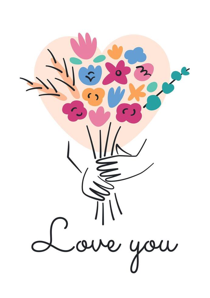 Minimalist Valentine greeting card, illustration of colorful flower bouquet in hands, with a heart shape in the background and text, Love you card. Perfect for Valentine themes vector