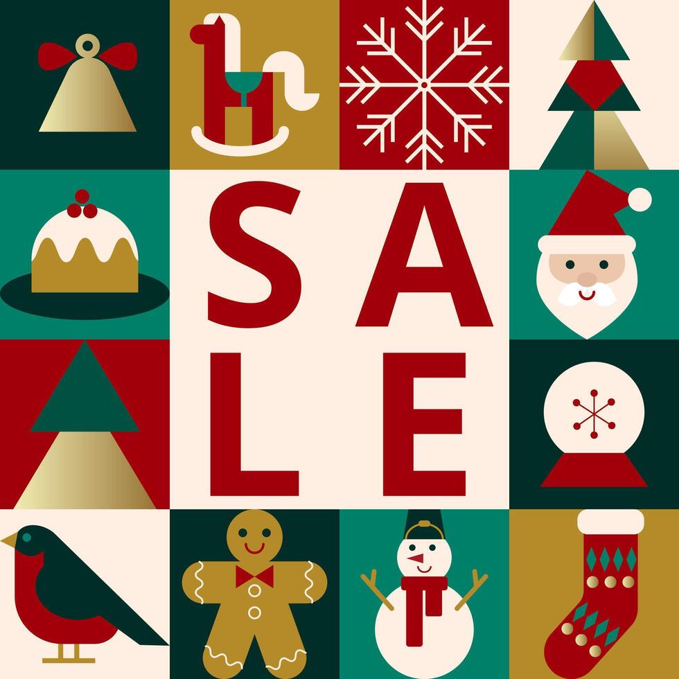 Square colorful card with geometric shapes for winter or Christmas sale. Flat illustration in bauhaus style. Design for poster, label, cover, social media vector
