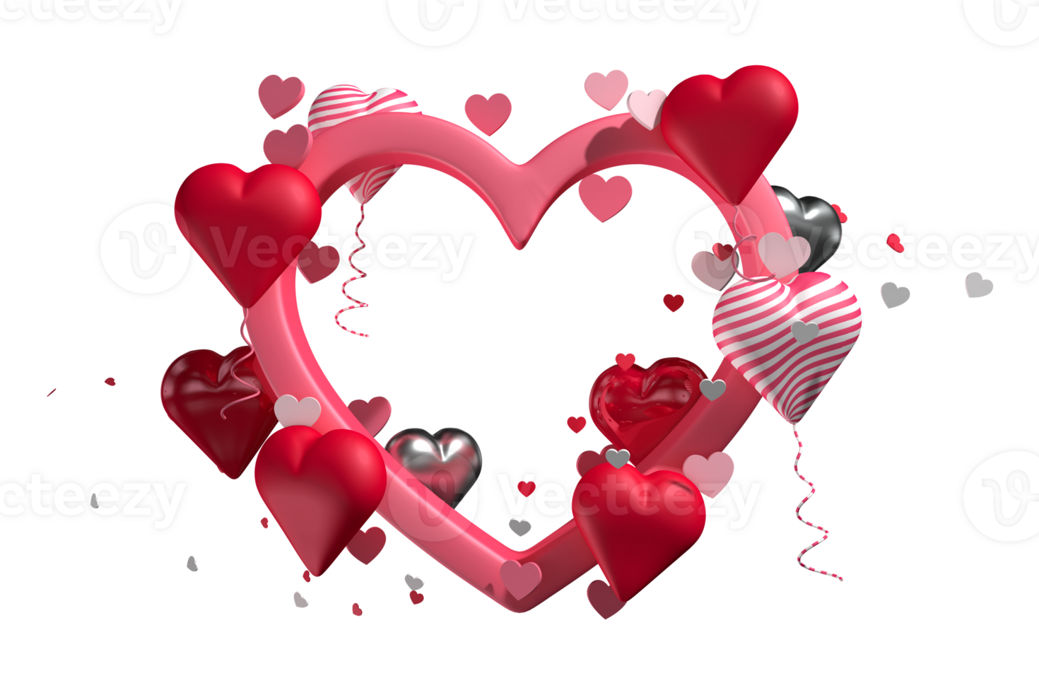 Heart shaped frame surrounded by red, pink hearts and balloons with white and red lines for Valentine's Day png