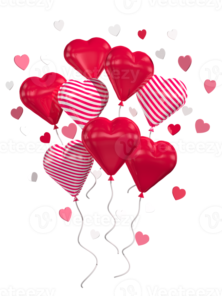 Red balloons and balloons with white and red lines surrounded by small pink hearts for Valentine's Day png