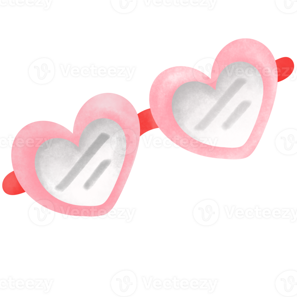 pair of heart-shaped glasses with pink frames and reflective silver lenses. The glasses are connected by a red bridge, creating a playful and romantic vibe png