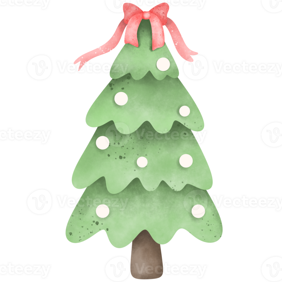 Watercolor Christmas tree , A Christmas tree with round patches of snow on its branches, and a red bow decorating the top of the tree. png