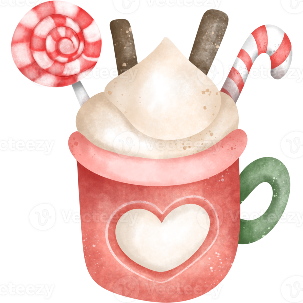 watercolor cup with hot chocolate topping with candy , chocolate, and whipping cream png