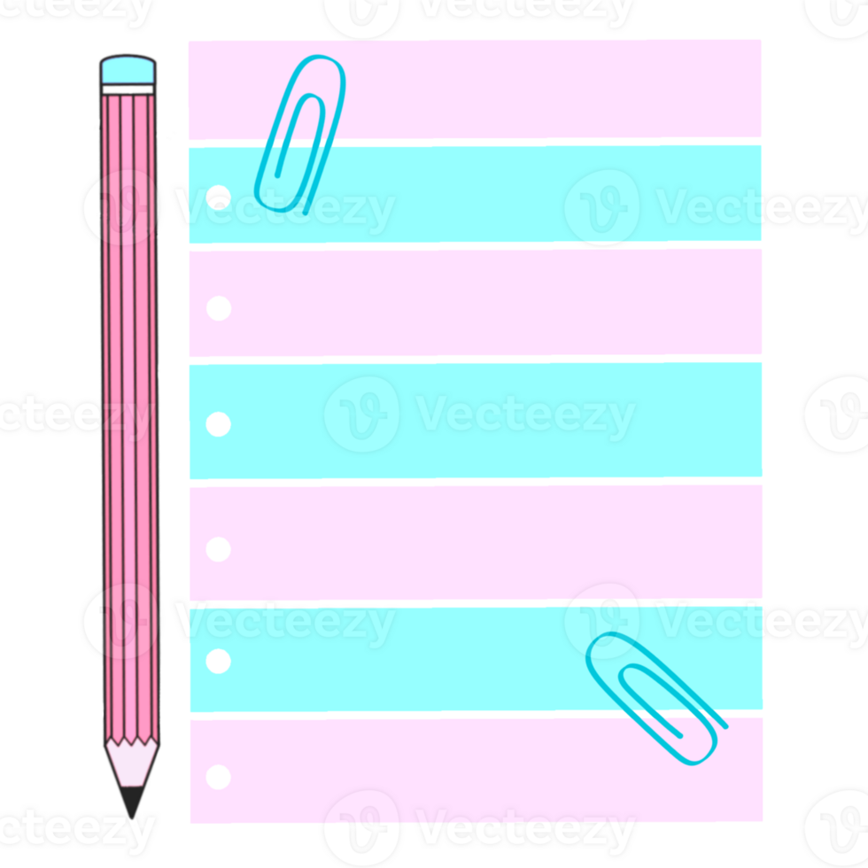 Pink and blue piece of paper with a pencil and blue paper clips, Clip art, Stationery png
