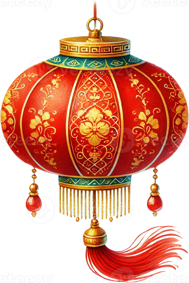 Elegant Red Lantern with Golden Floral and Blue Accents png