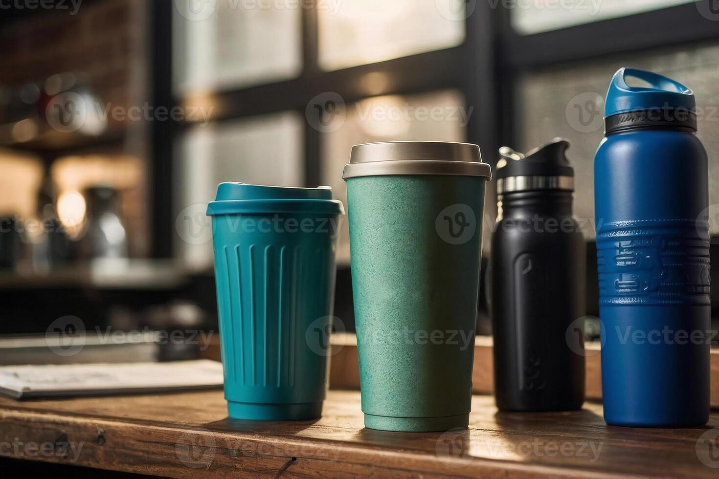 Collection of reusable coffee cups and water bottles, blurred background photo