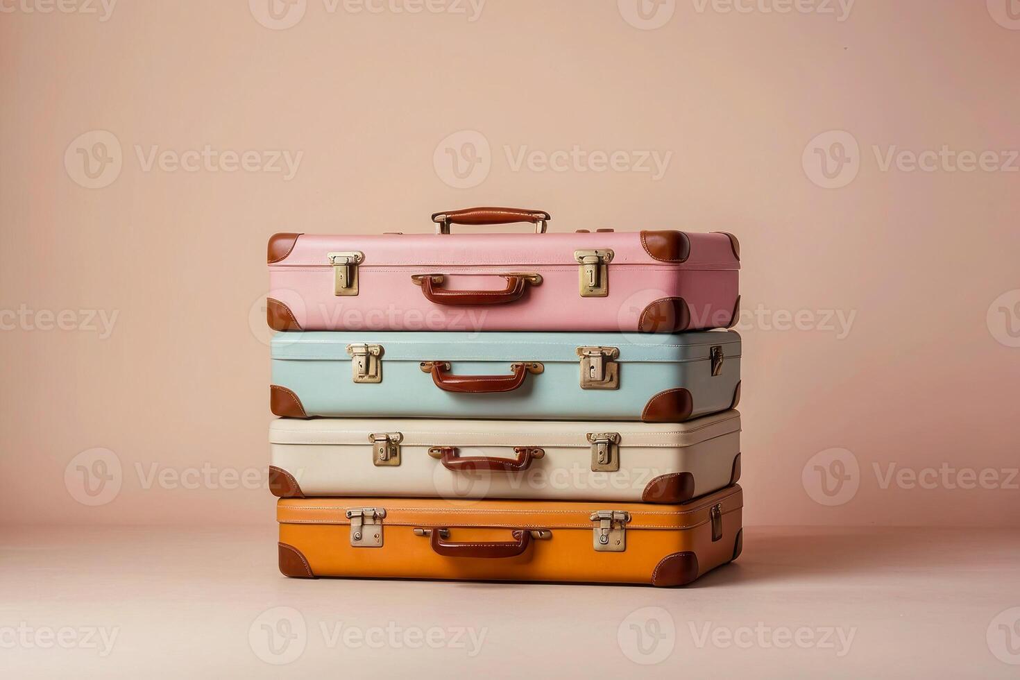 Stack of luggage of different colors and sizes. Luggage, template for travel banner, travel. photo