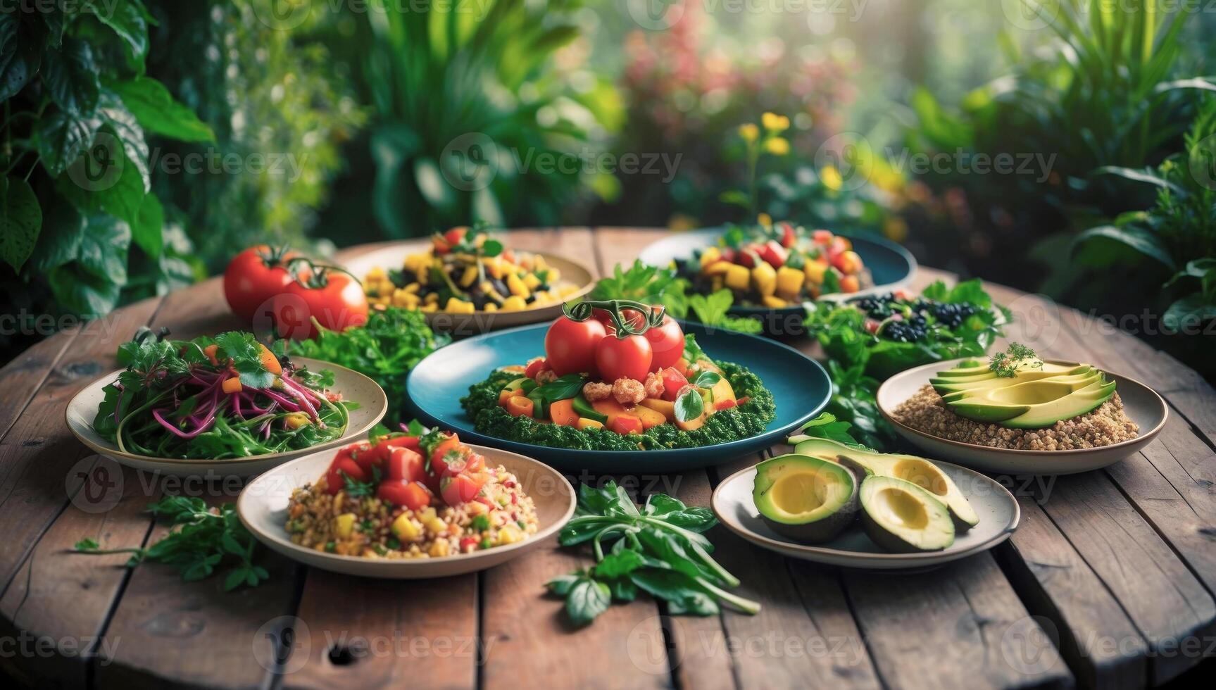 Vibrant vegan meals arranged on a rustic wooden table, surrounded by lush greenery, highlighting the freshness and vitality of plant-based living. photo