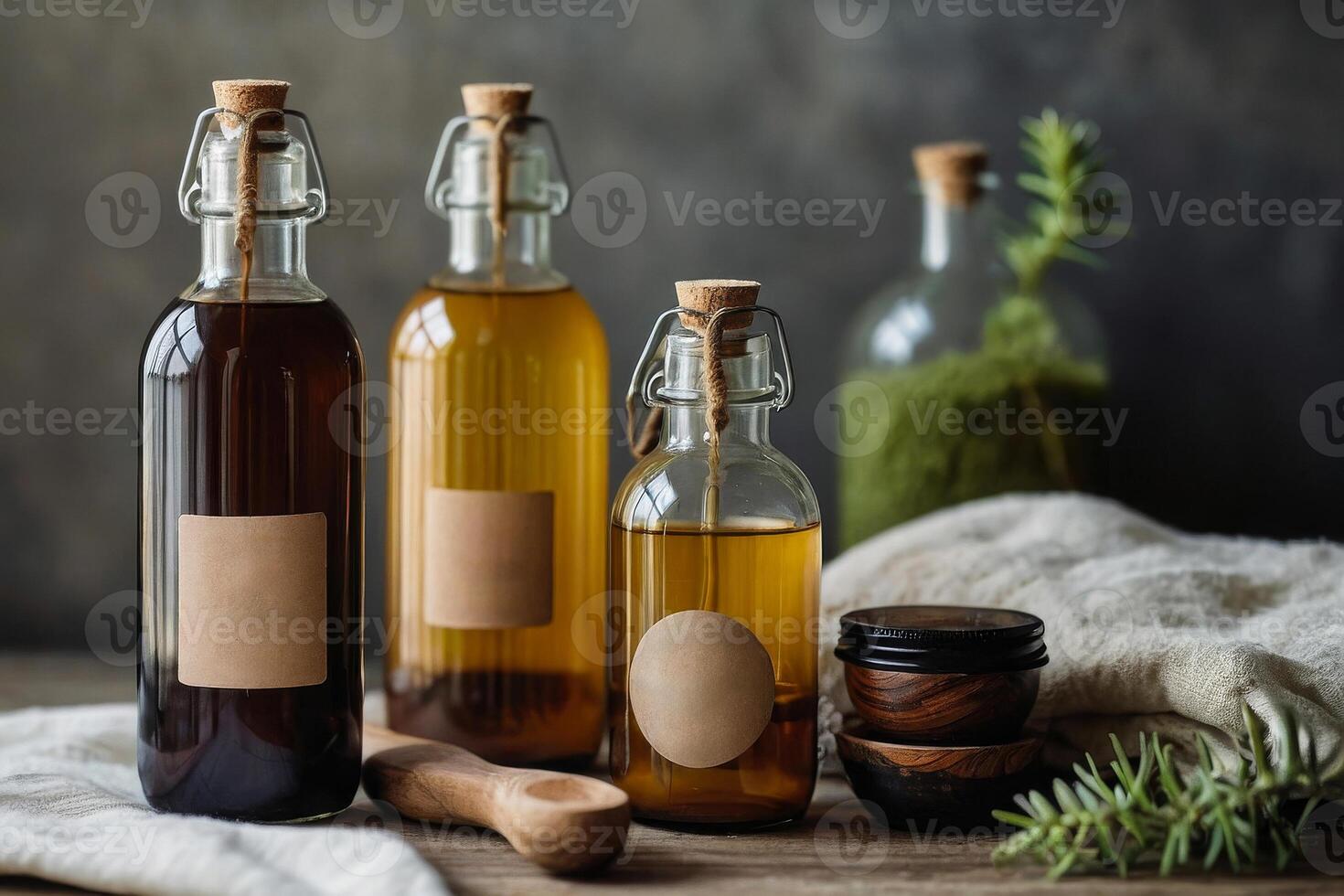 Three bottles sit on a table with a spoon and a plant, labeled with stickers. Concept of relaxation and self-care, eco-friendly homemade cleaning products. photo