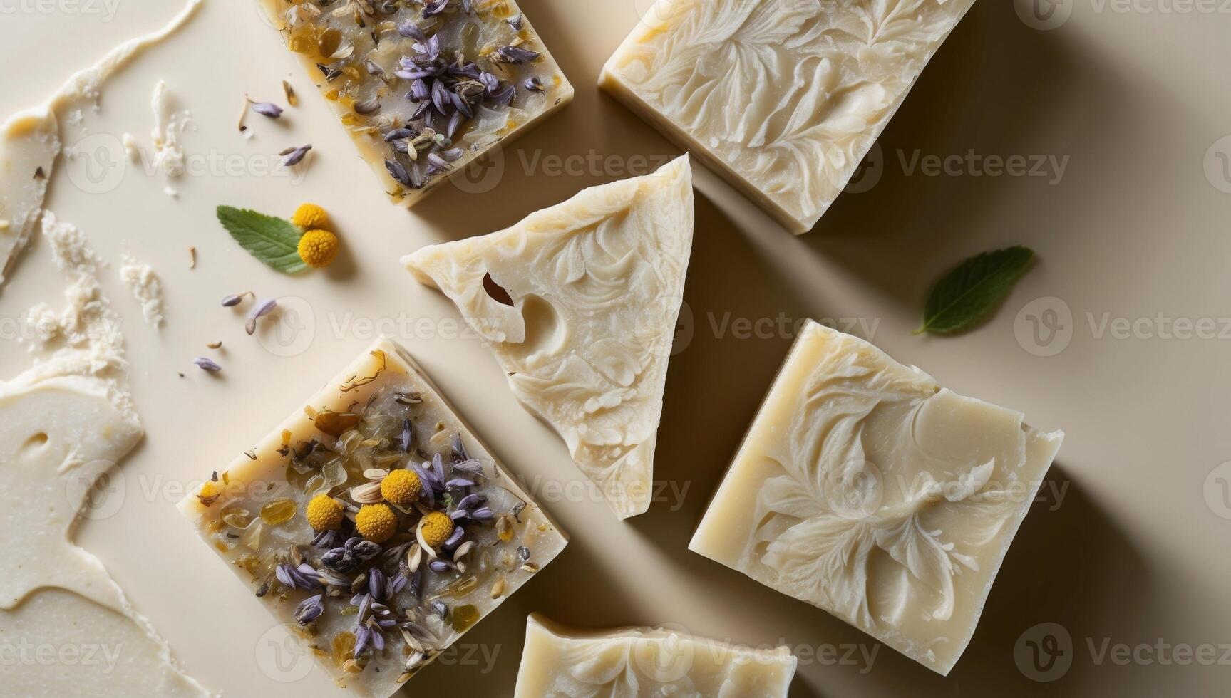 DIY soap made from natural ingredients and oils, handmade bars, lavender petals, chamomile flowers, and crushed olive leave photo