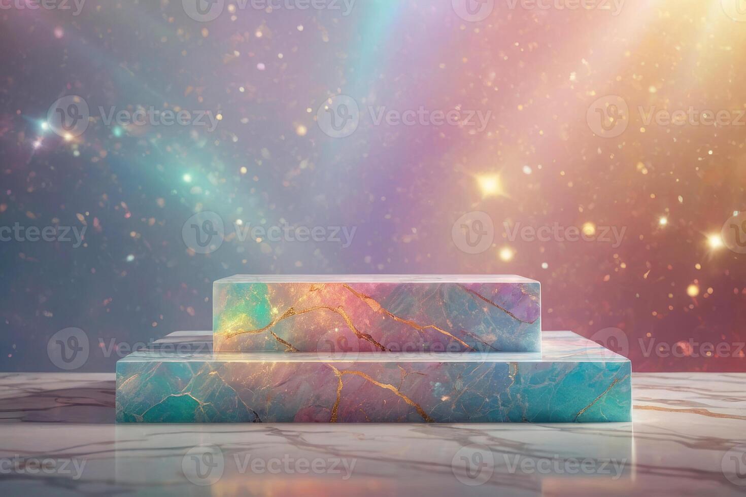 3D render holographic chrome Y2K element. Liquid chrome, Marble podium, bright pedestal, place for product. Banner template. photo