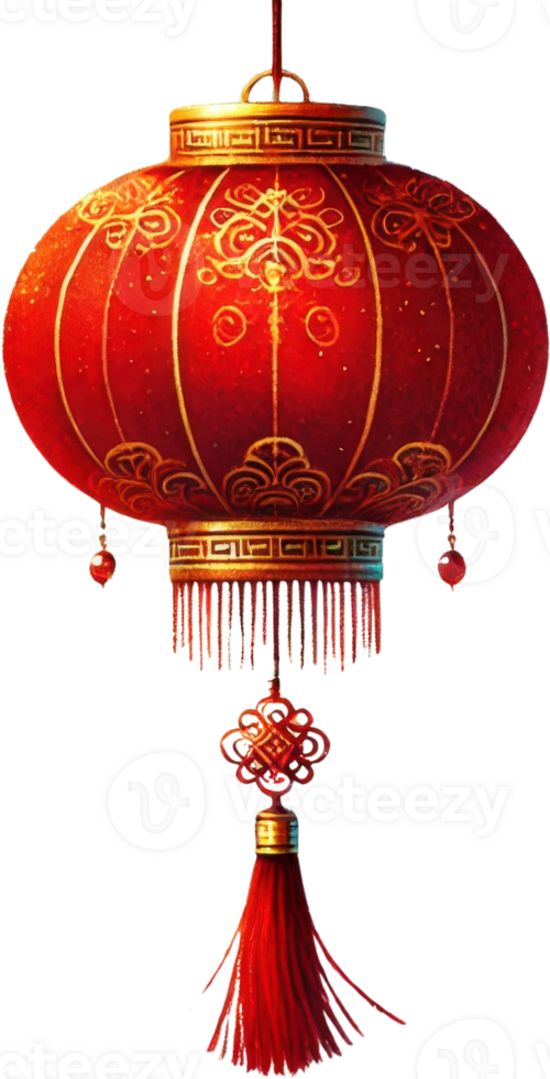 Elegant Red Lantern with Golden Patterns and Tassels png